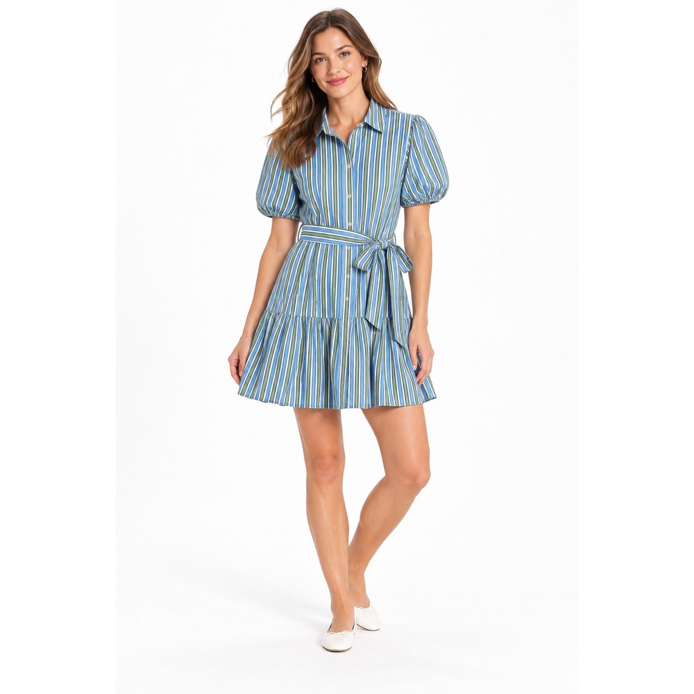 Preppy Coastal Striped Shirt Dress Small Puff Sleeve Tie Waist Cotton Mini Blue